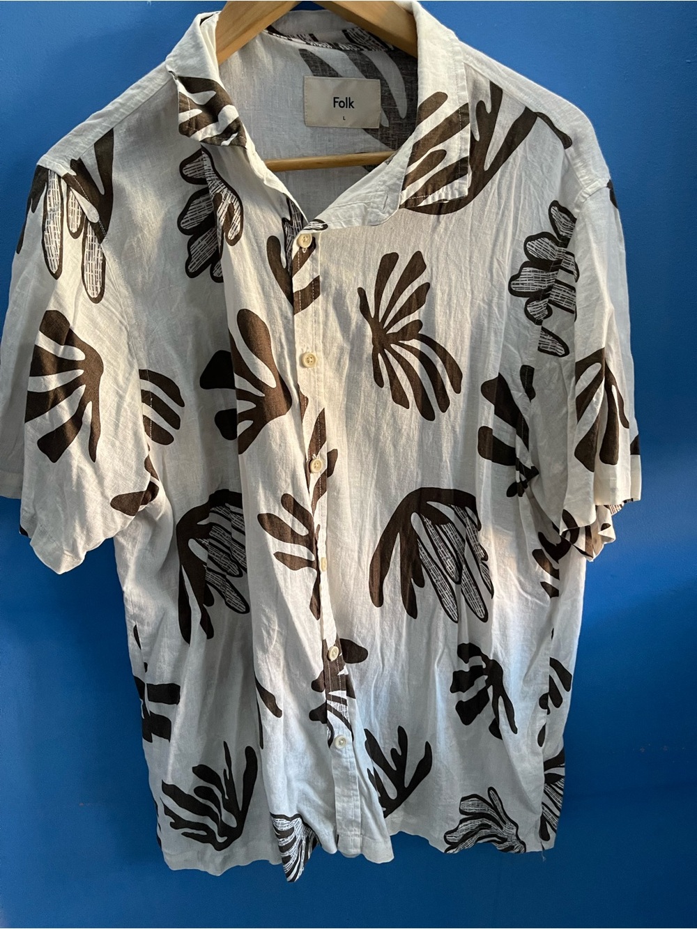 Folk White Short-Sleeve Button-Up Shirt with Brown Abstract Print